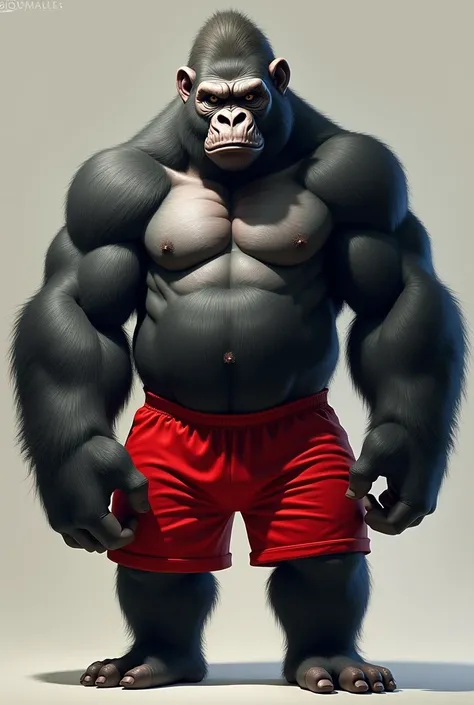 Anthropomorphic furry gorilla, big and strong, with a human-like head, masculine, wearing bright red shorts