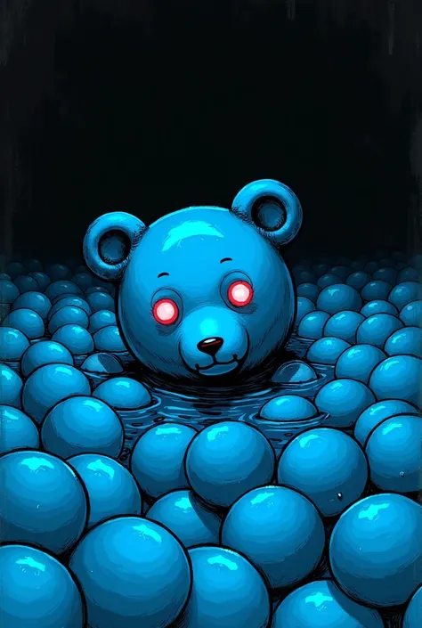 Create the cover of a manga ,  where a blue animatronic shaped like a bear is in a ball pool, You can only see your head coming out of it .  Set a dark and mysterious scenario .