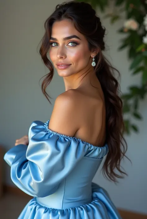 Portrait réaliste du haut du corps dune jeune demoiselle dhonneur brune espagnole de 23 ans aux cheveux longs, queue de cheval,bandeau, sourire magnifique. Elle pose devant la caméra dans une robe de demoiselle dhonneur bleu satinée en A avec bretelles...,...