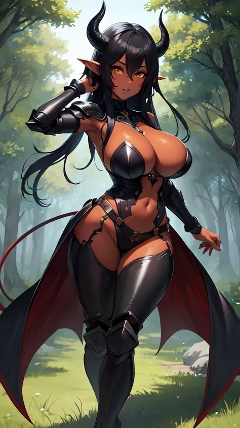 (((((Solo))))), Demon girl with long black hair, mature female, (wearing skimpy armor and helmet), big breast, (beautiful face), (Beautiful eyes), (detailed eyes), (black lips), (long jet black hair), ((Red skin)), demon horns, (Imp tail), yellow eyes, lon...