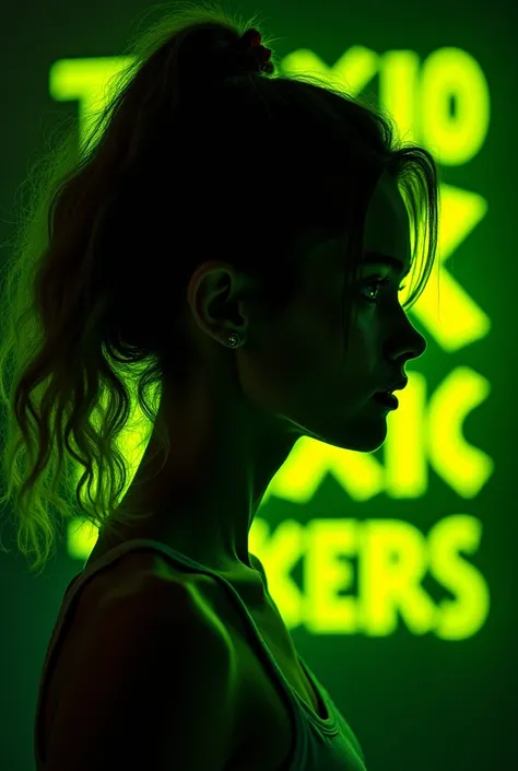  Creates a high-definition image of a beautiful young woman , half-sided view in full body .  in the background ,  includes the text  "Toxic Truckers ".  Both the woman and the text must harmoniously combine the colors yellow,  phosphorescent green and bla...