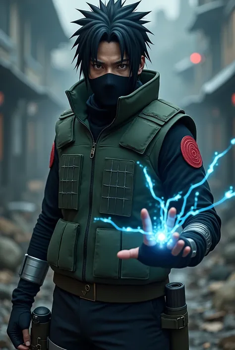 Realistic image of actor Keanu Reeves as the character Kakashi from the anime Naruto with his sharingan eye showing off and a chidori in one of his hands 