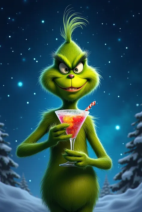 Grinch with a colorful cocktail glass in his hand and a constellation background 