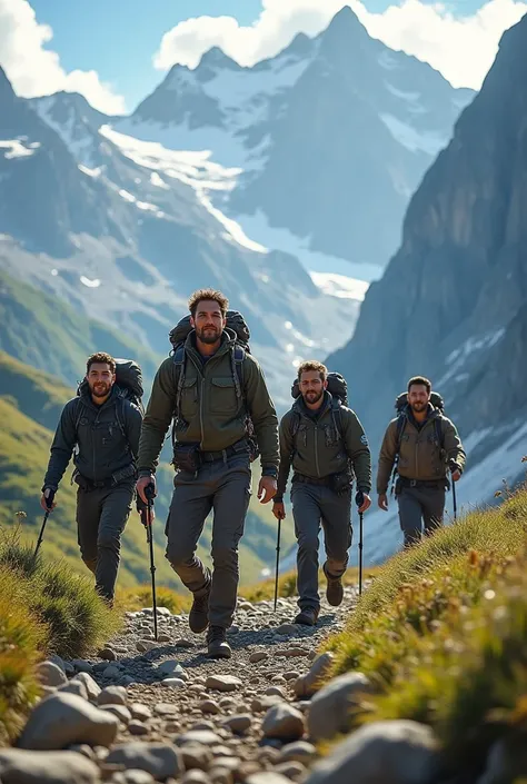 5 male friends hiking in mountain . Write the team name behind the picture “EU -Malabaries”