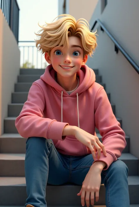 a 16-year-old boy with big blond hair (com bone), of casual clothes (pink hoodie hoodie ,  pants jeans and sneakers )  sitting on a staircase 