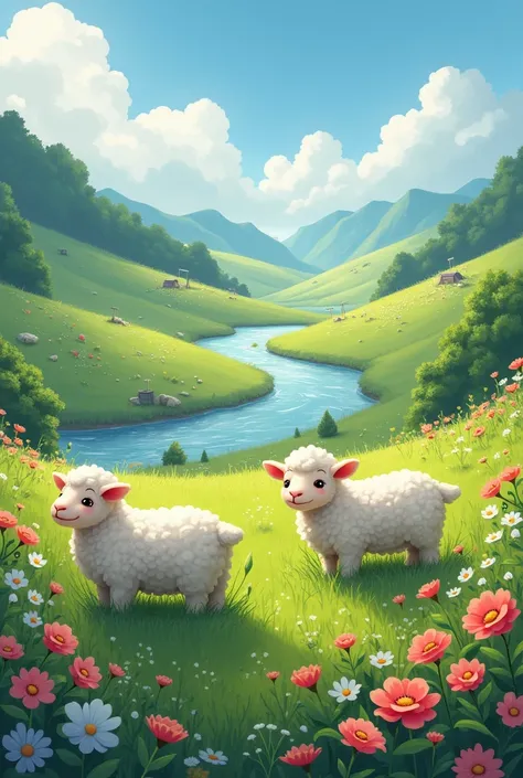 Valley full of flowers and streams a lamb with its flock