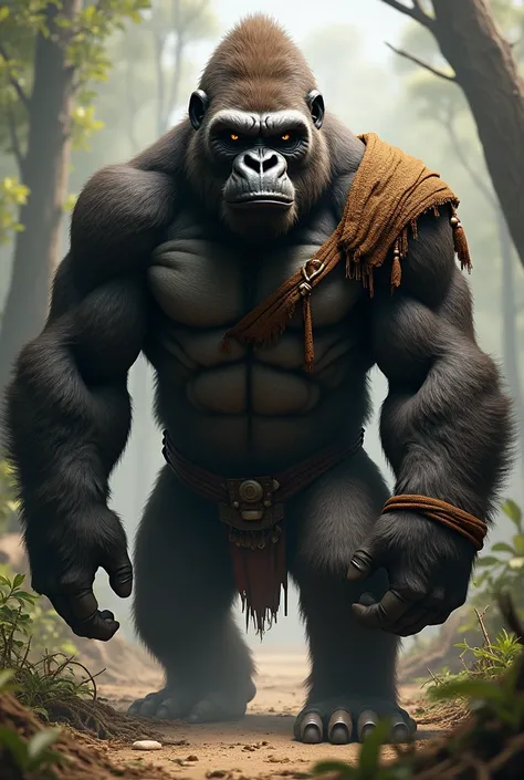 Anthropomorphic furry gorilla, masculine , with a human-like head, masculine, wearing an African animal skin