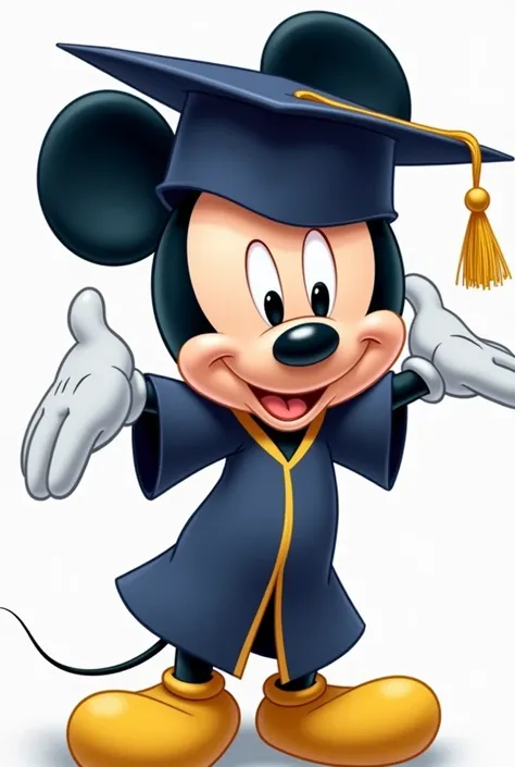 Head of Mickey Mouse with a graduate robe on his head, happy
