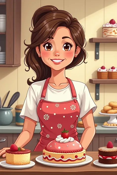  Of a brunette woman in a cartoon ,  35-year-old cook with owner and with homemade cakes and cookies