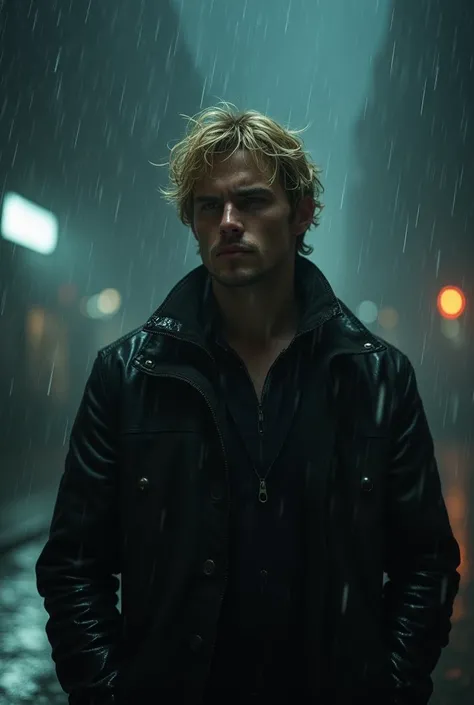 Rainy night with thoughtful blond man with messy hair 