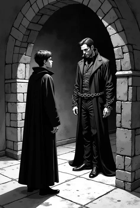 in 2D comic book style in black and white , Create an image of a young monk talking to an elegant vampire tied with chains around his wrists and feet in the monastery basement