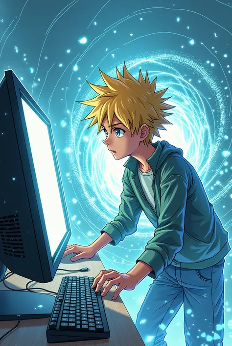 Create the cover of a manga ,  with a boy with blond hair being sucked into the computer screen. 