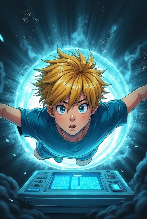 Create the cover of a manga , with a boy with blond hair being pulled into the computer screen like a black hole. 