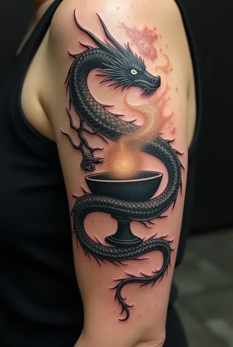 Make a tattoo of a dragon that is surrounding a cup ,  that the dragon is beautiful and the tattoo is not so realistic, mostly that it is the shadow of the cup and the dragon 