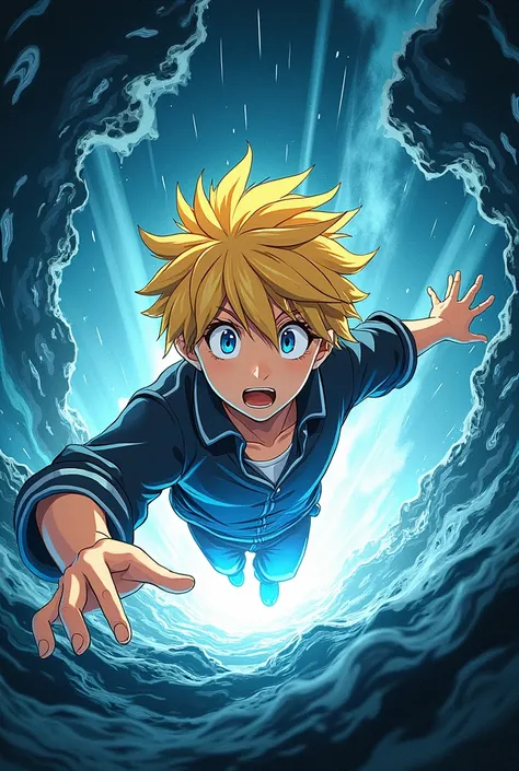 Create the cover of a manga , with a boy with blond hair being pulled into the computer screen like a black hole. 