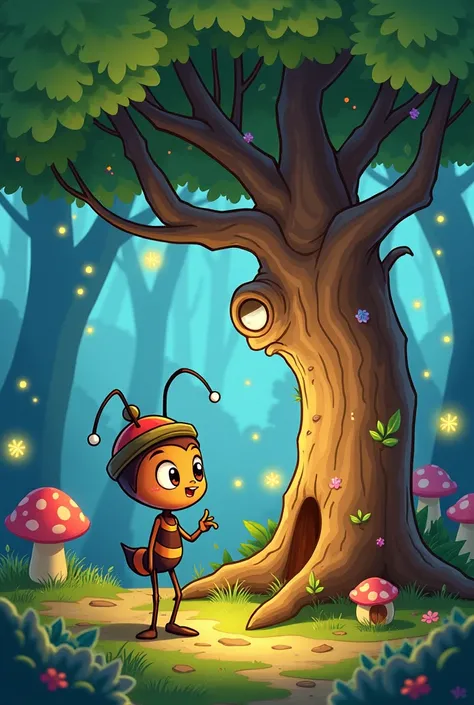 Create a magical and enchanted cartoon cartoon of an ant talking to a tree 