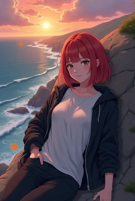 Casual girl in a t shirt over them she wearing a open black Sweatshirt jacket. The t shirt goes over the trousers. Girl lies on a cliff in the foreground. Far away Behind the cliff are the sea with white waves. In the back are a beautiful sunset. Girls fac...