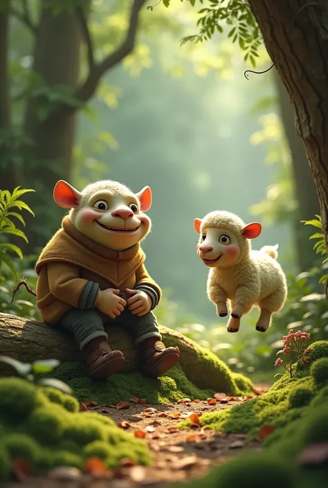 In the woods a cute ogre sitting on a log and a sheep jumping cheerfully 