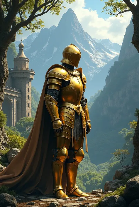  Create an environment for a knight in golden armor. The background should be like in video games .rocks, Mountains, forest ruined castle 