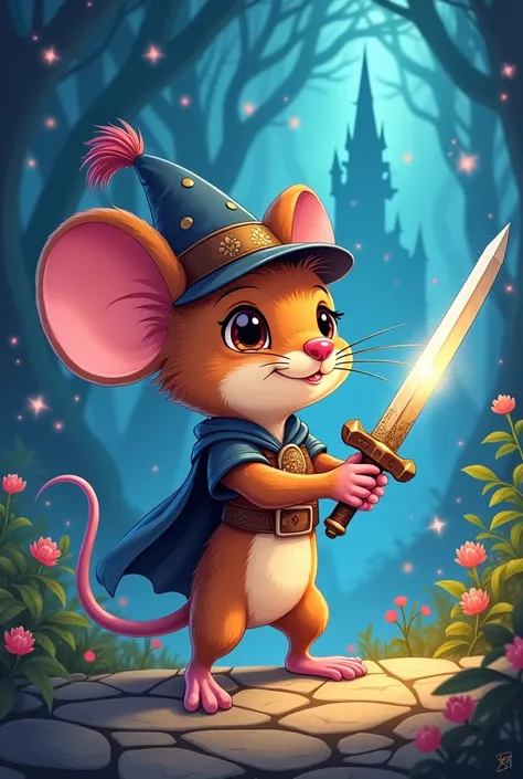 Create a magical and enchanted cartoon cartoon drawing of a mouse with a hat and a sword 