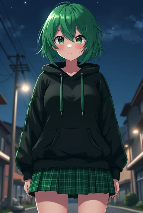  green hair,Black Eyes, short hair, boyish, pure white skin, pretty girl,Neutral,student,Big Breasts,Big Butt, curvy body ,cool,Handsome Girls, Tall,Tall,Muscular,Oversized hoodie with black base and green lines,Green check skirt, thick thighs , anime styl...