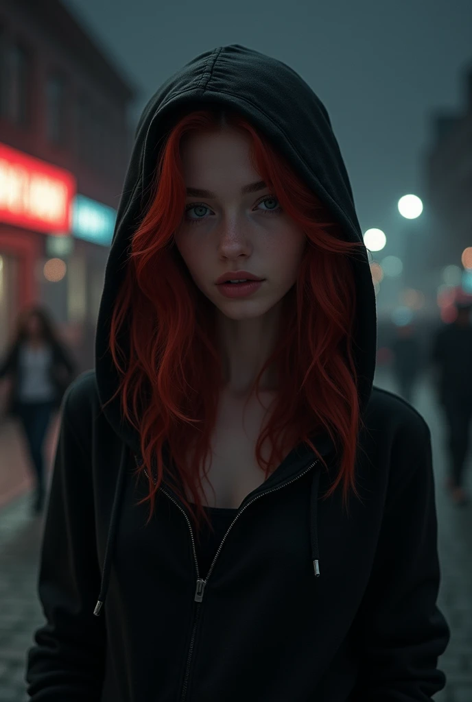 Cool beautiful girl with red hairs in a black hoodie at dark night 