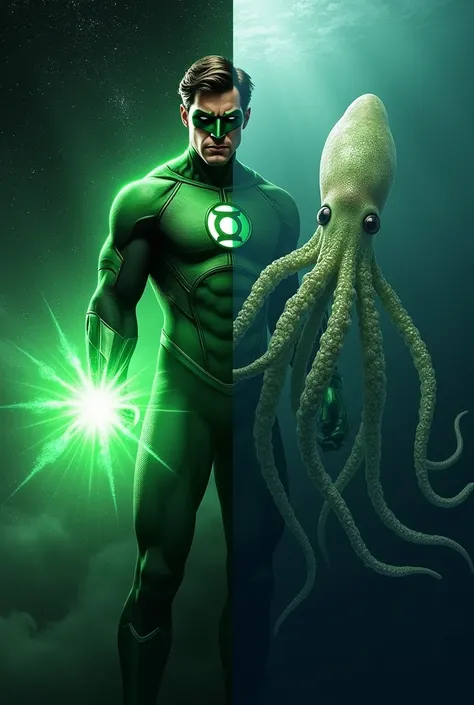 **"Create a photorealistic side-by-side image featuring Green Lantern from DC Comics and a realistic depiction of a squid. On the left, Green Lantern stands in his iconic green and black suit, his power ring glowing with vibrant green energy as it emits a ...