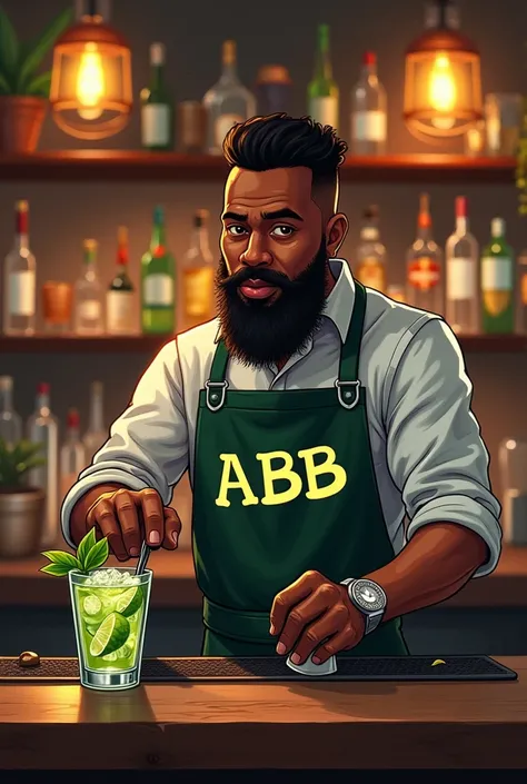 A black-skinned man in drawing art with a beard,  making a mojito cocktail with a sign written ABB on the back and written on the bottom of the sign in small letters written Brazilian Bartender Association .
