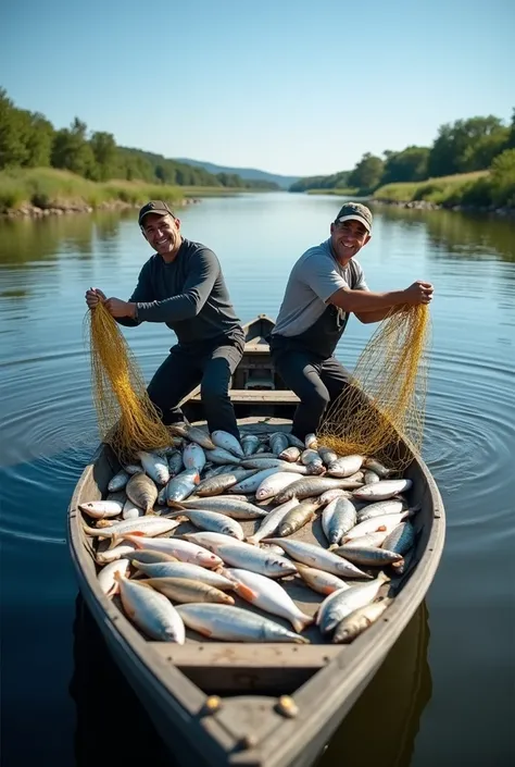 Fishermen in a boat, catching an abundance of fish in a serene river or lake. The fishermen are smiling and working together, pulling in nets filled with various fish. The scene is peaceful, with clear blue skies, calm water, and lush greenery surrounding ...