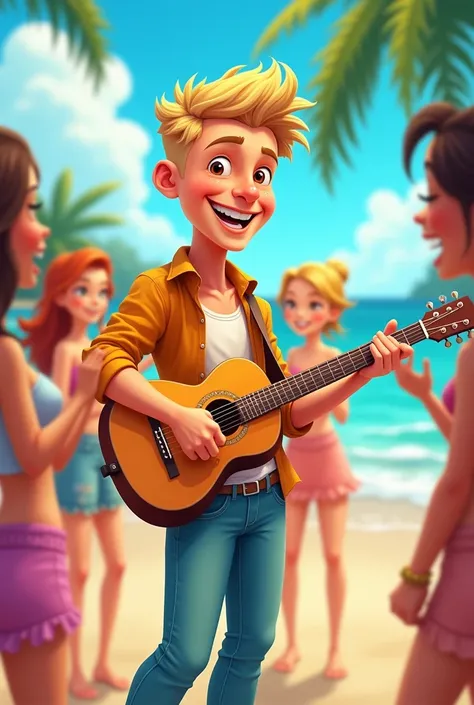 smile the blonde guy with the guitar, the empty pockets of his trousers turned out seashore beautiful girls aroun clap him 
in cartoon style