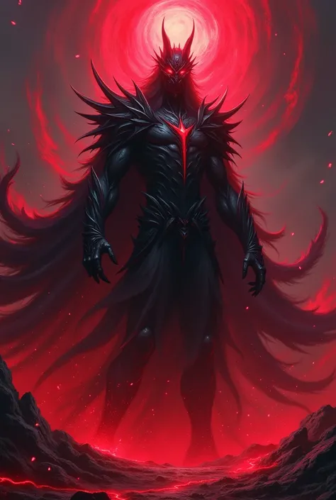 King of Chaos  , imposing, dark appearance  ,    surrounded by red powers and dark magic, shrouded in shadows,   glowing red eyes  ,   transmitting terror and despair   , Infernal scenario,  fighting anime style  ,  humanoid appearance , emanating confiden...