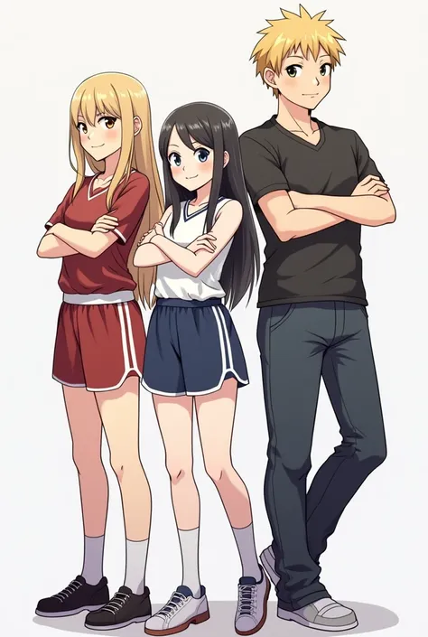  PLEASE GENERATE AN IMAGE WITH DRAWING STYLE ,  IN WHICH THERE ARE 4 PEOPLE WITH THEIR ARMS CROSSED , THE PERSON IN THE CENTER IS A WOMAN ,  WITH LONG BLOND HAIR AND LENSES ,  THE SECOND PERSON IS A WOMAN,  players uniform with short black hair, Y DOES NOT...