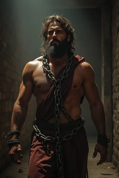 Samson is tied in chains ,  with blind eyes and in a state of regret, but also of determination.  The environment of his prison is dark and overwhelming . Samson is blind ,  show behind the Philistines mocking