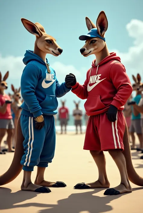 2 tall and strong muscular kangaroos , and dresses one with blue Nikes sweater and gold chain gold watch and blue Nike pants and blue Nike shoes, And the other with a red sweater, Nikes red pants, Nike red shoes and Nike red caps, giving each other their r...