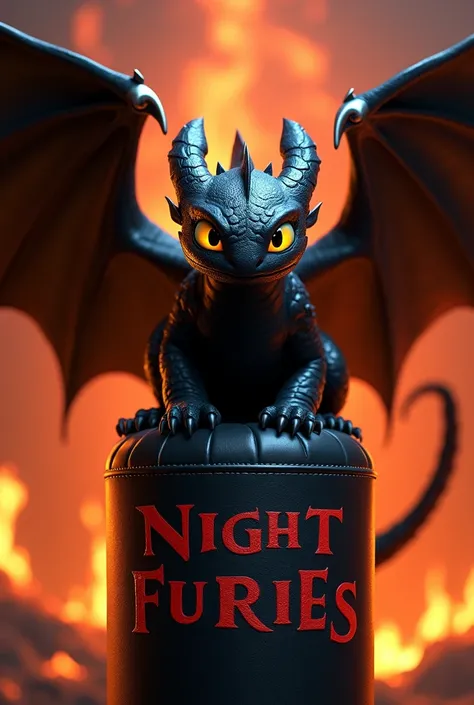  Make me an image of toothless dragon of how to train your dragon with flaming eyes full body on top of a black punching bag and that I put the phrase of " NIGHT FURIES " Around the dragon in a background of hell 
