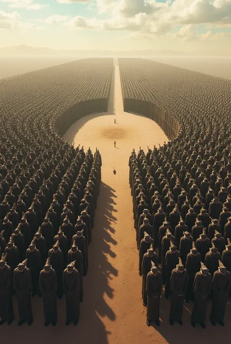 A bunch of soldiers lined up in the shape of a crescent