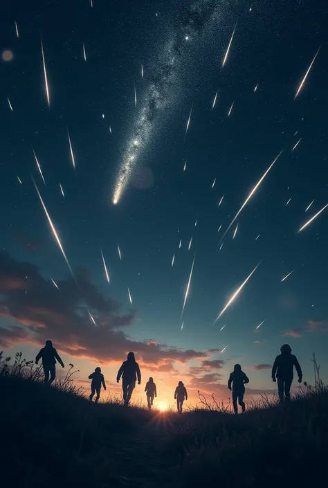 A nighttime image with people running and the stars falling from the sky to the earth 