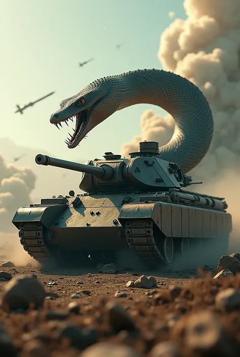  in a battlefield where missiles are flying around 、 there is an old tank with a cool design 。
A giant snake is wrapped around the chariot and is about to crush it 。

 This is a very realistic picture
Express it in as much detail as possible
The images are...