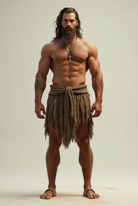 male tribal hunter, short beard, light brown hair, full length including feet, no tattoos, 25 years old, long hair on head, hairy chest and stomach, nude