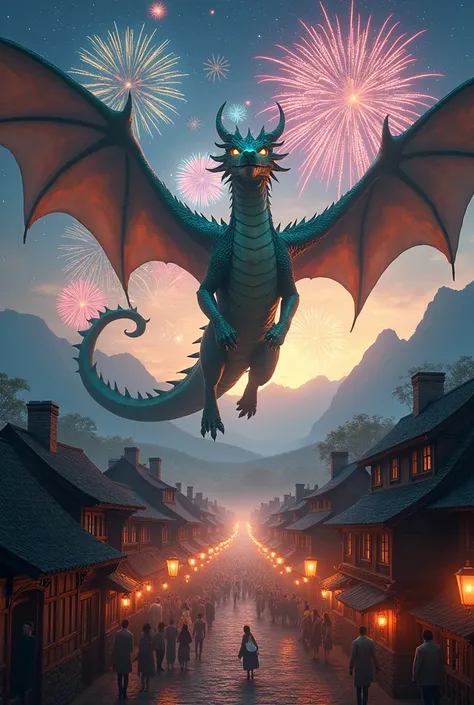 A dragon in a village with fireworks