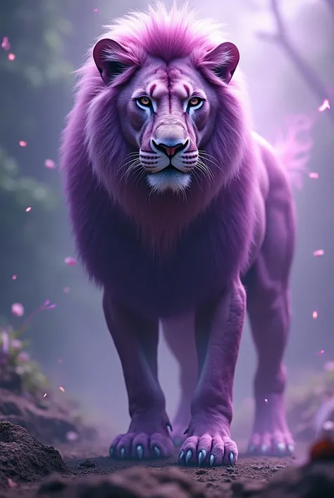 The lion turns into a purple human lion 