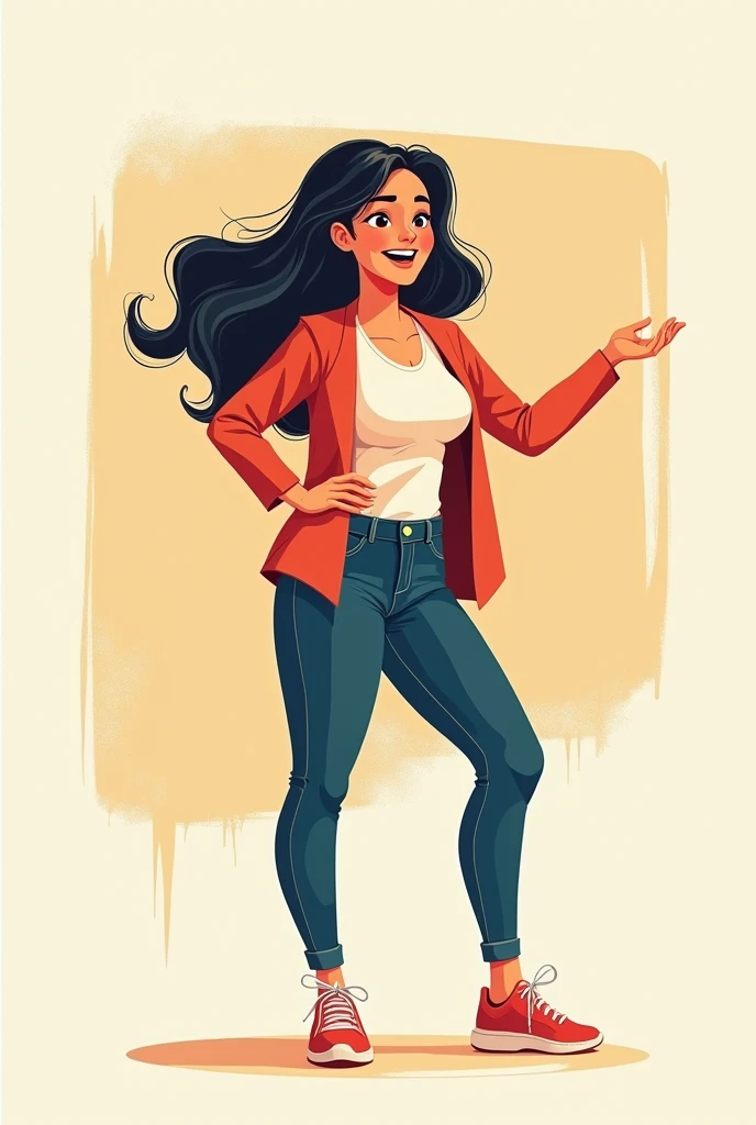 It illustrates a 30-year-old woman with a full body ,  who has dark hair, a friendly and charismatic personality who is an elementary school English teacher with vector lines in various poses