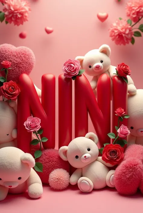  The letters Nini in red color ,  with roses wrapped around each letter, With plush toys  