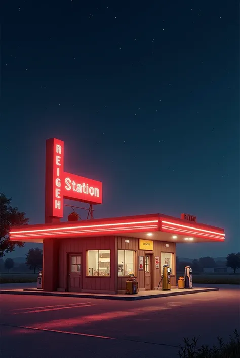 vintage gas station at night illuminated neon