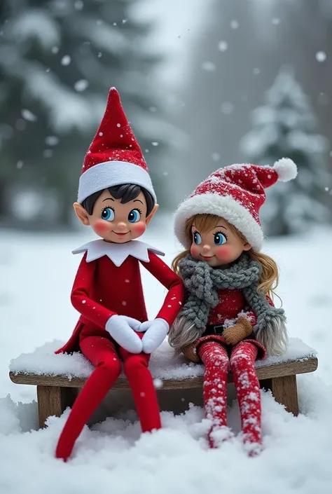 Elf on the shelf sitting in the snow while writing in the snow ‘Skyla and Jaxon see you soon’ 