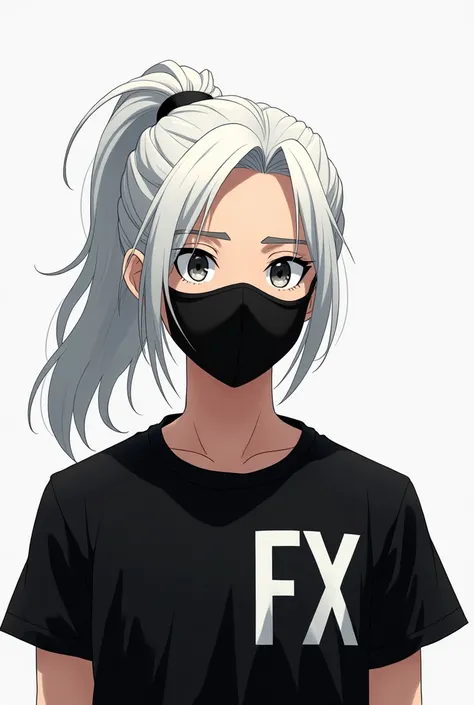   character white-haired man with ponytail a little bit of hair pulled forward mask covering just a little bit nose all black black shirt written on the front"FX"Animated character male character  

