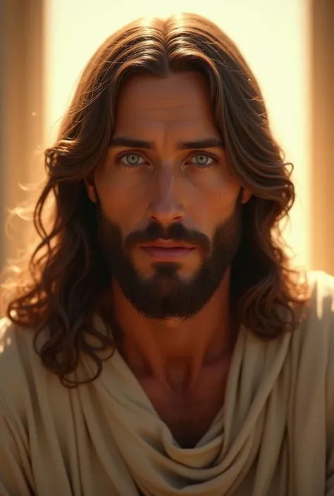 Create a realistic image of Jesus Christ looking in the direction of the person who is viewing the realistic image of blue eyes in a bright place 