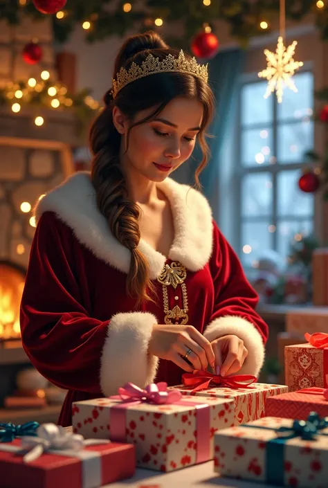 "An ultra-realistic, highly detailed scene of a festive woman in a magical holiday setting, surrounded by shimmering lights, glowing ornaments, and sparkling snowflakes. She is dressed in an elegant yet practical Christmas-themed outfit, with rich red velv...