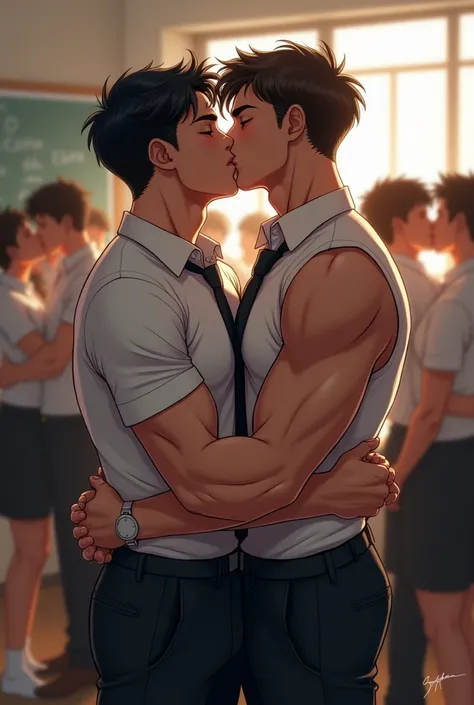 Two  teen french boys, wearing office uniform, bodybuilders, kissing together infront of a classroom, and there are also pairs of gay couples that are highschool kissing at the background