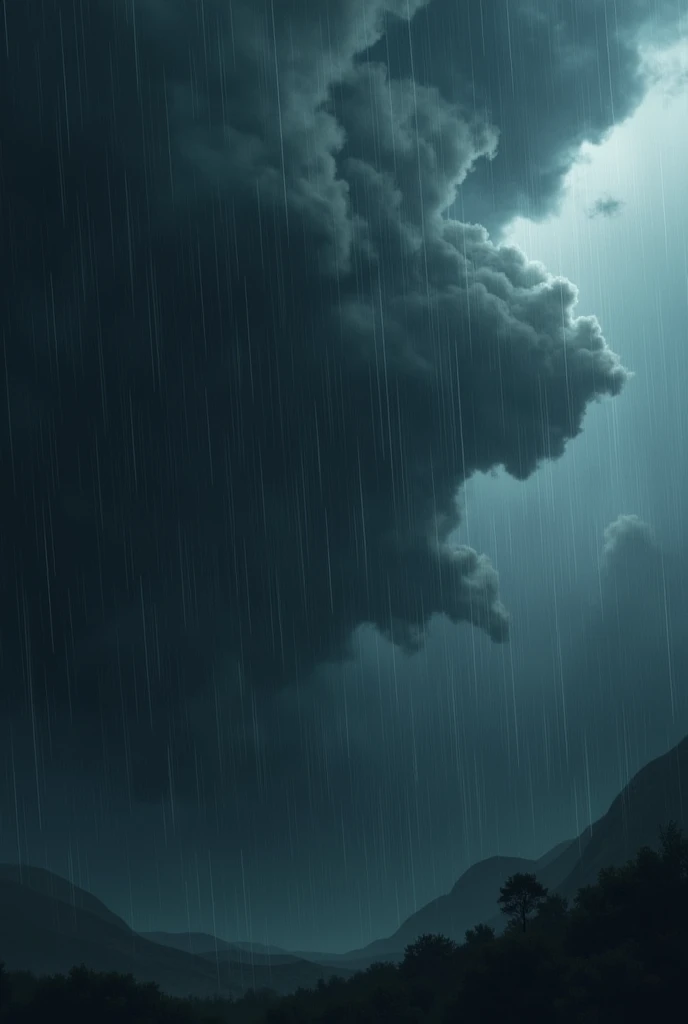 Give me an image of a storm, with black clouds without soil and without people ,  that is well detailed and realistic and chaotic, That it has big raindrops falling from the clouds but in lots and well detailed